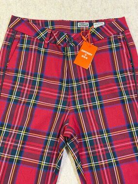NWT Superdry Side2Side Red Tartan Plaid Cigarette Pants Zip Hem Size 8